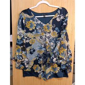 Sara Michelle XL Semi-Sheer Lined Blouse Multicolor Floral Sparkle Kimono Sleeve